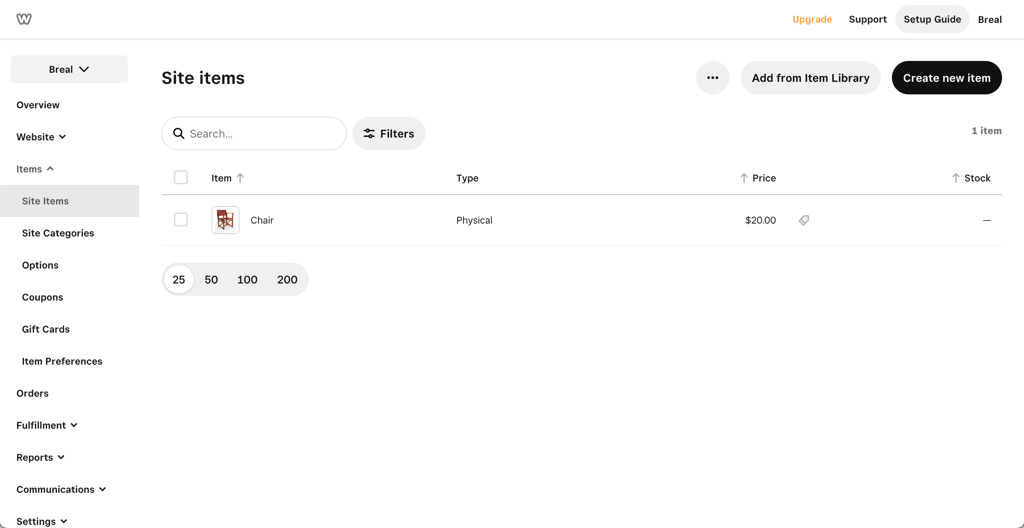 Site items on Weebly