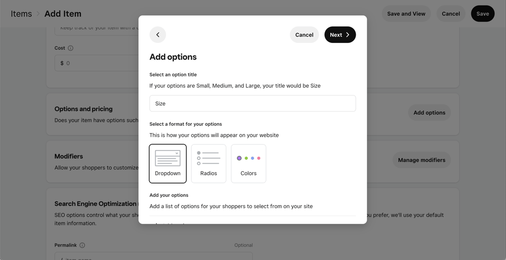 Item options on Weebly