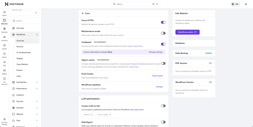 Hostinger hPanel WordPress section