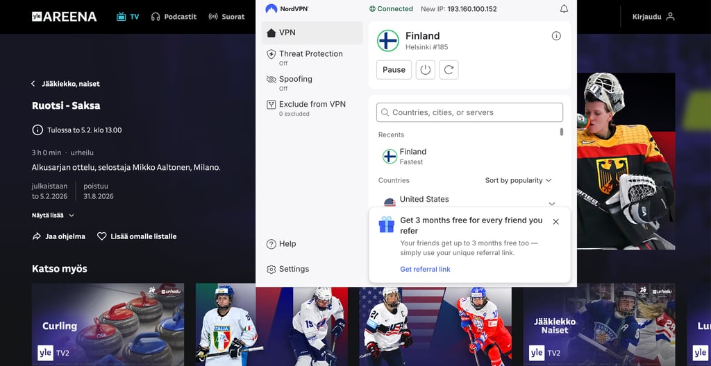 Yle Areena saatavilla NordVPN:n avulla