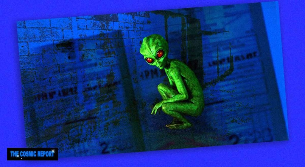 A green alien crouching down, on a dark blue background.