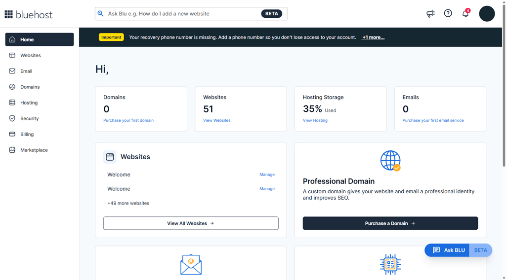 Bluehost’s dashboard