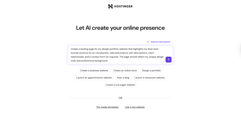 Building a landing page with Hostinger Website Builders AI