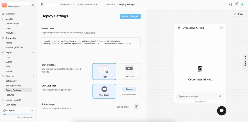 Chat deploy settings in Botpress