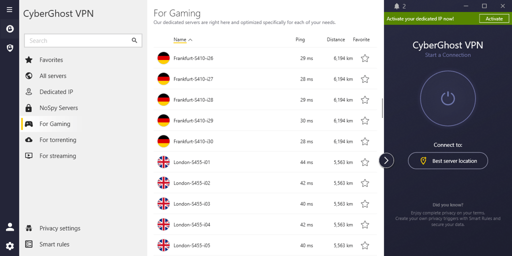 Specialty gaming servers in CyberGhost