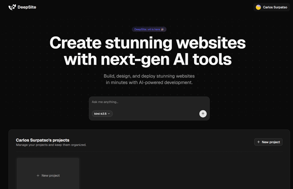 DeepSite AI 사용자 인터페이스