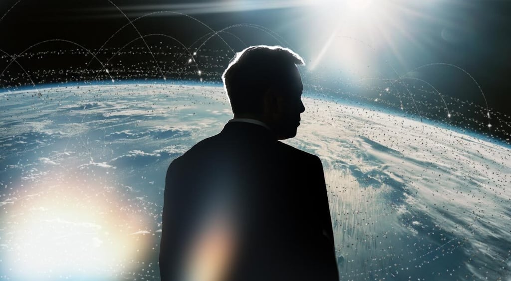 A silhouette of Elon Musk overlooking planet earth.