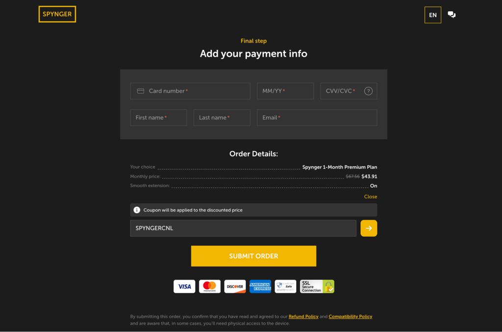 Enter the code SPYNGERCNL and confirm