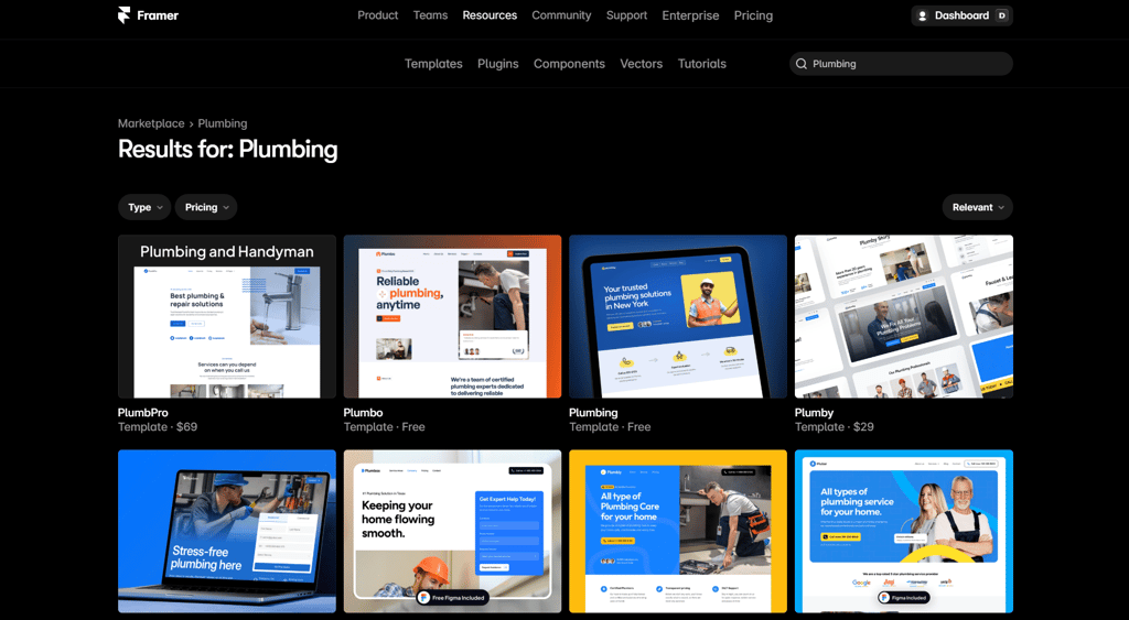 Framer AI 템플릿 검색 결과