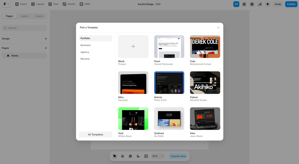 Framer AI 템플릿 선택 화면