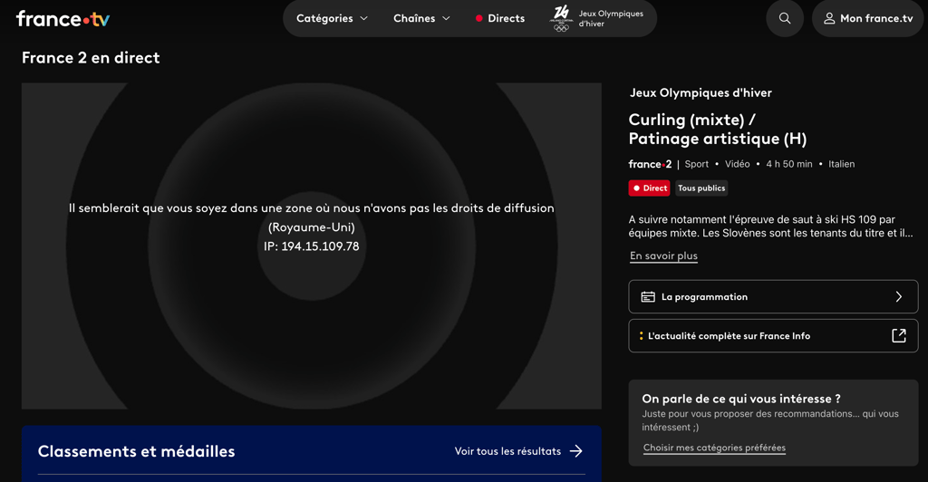 Message d'erreur France.tv sans VPN