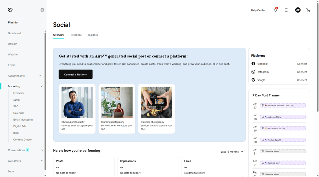 GoDaddy website builder social