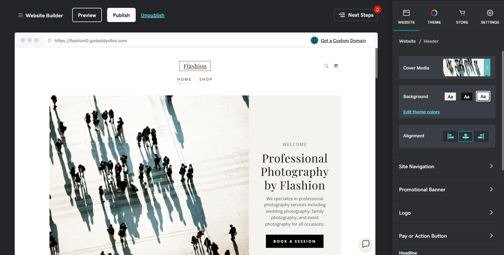 GoDaddy website builder test site editor