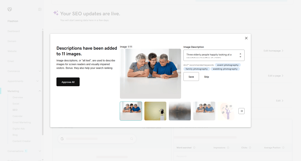 GoDaddy website builder seo data editing