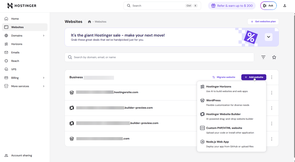 Hostinger Website Builder control panel