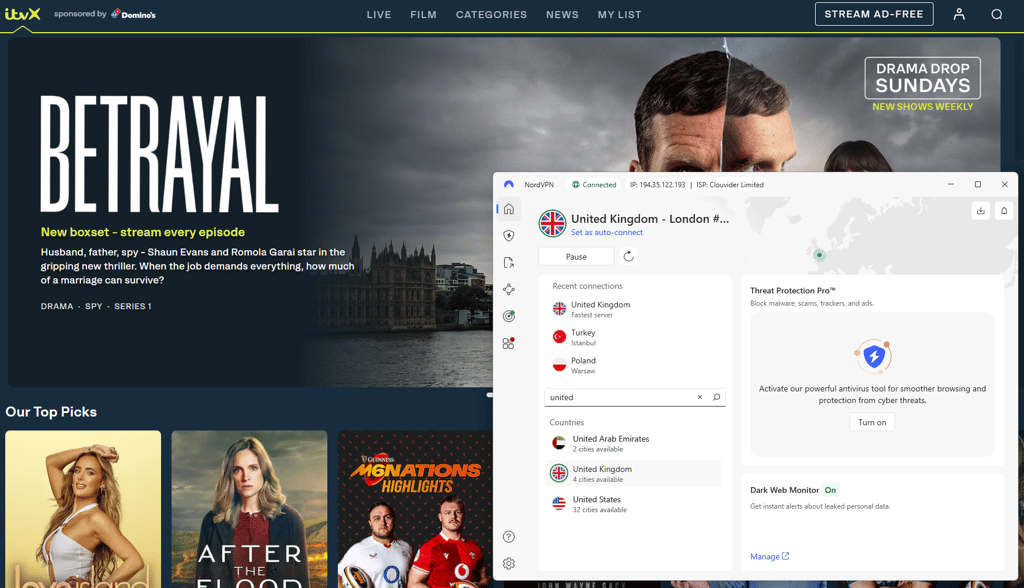 ITVX accessed while using NordVPN
