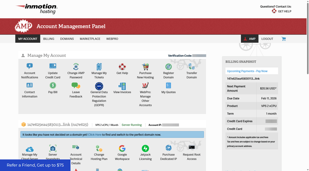 InMotion Hosting’s Account Management Panel (AMP)
