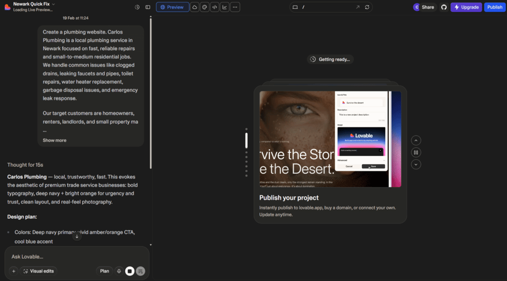 Lovable creating a site