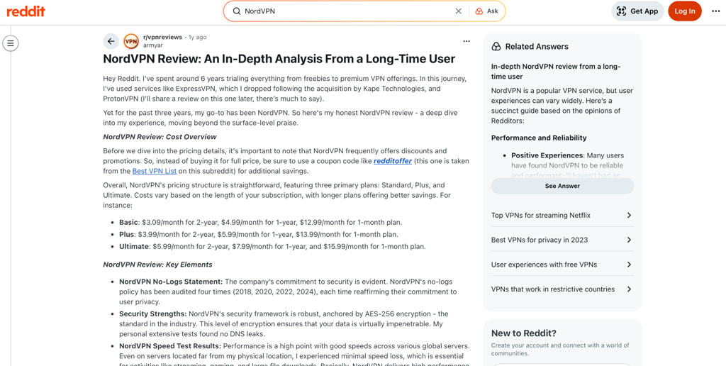 NordVPN review on Reddit