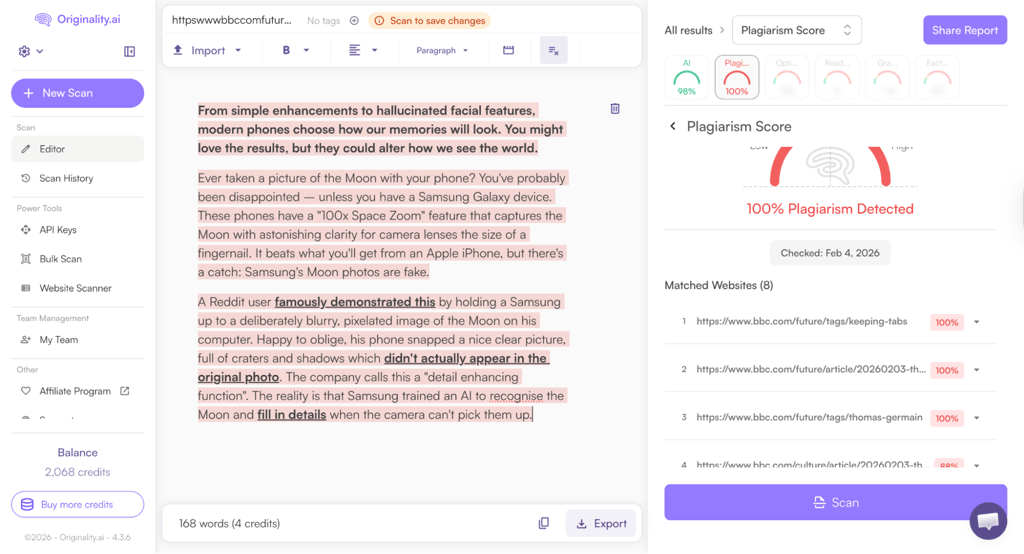 Originality AI’s plagiarism detector correctly identifies stolen content