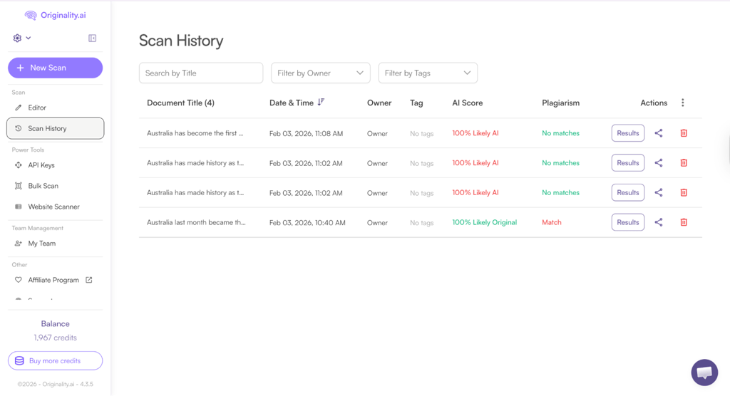 Originality ai scan history