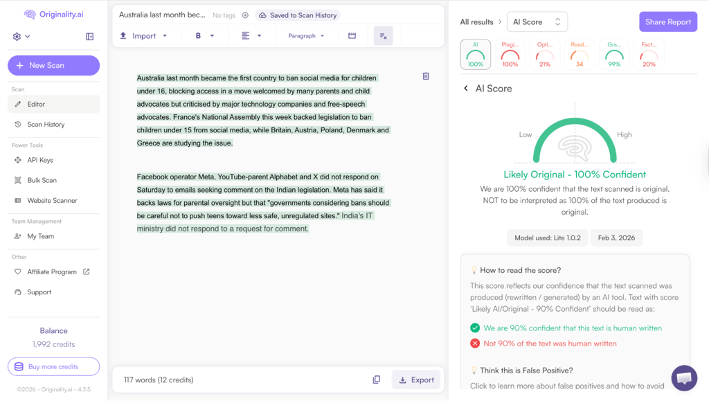 Originality ai scoring a human-written text