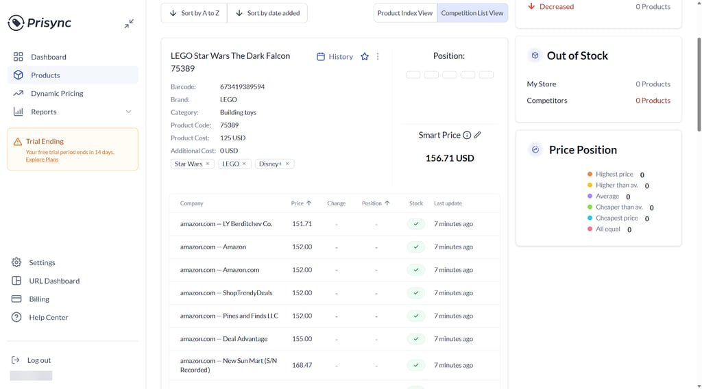 Prisync price tracking interface