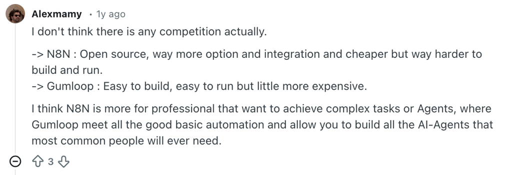 Reddit user’s comment about n8n and Gumloop