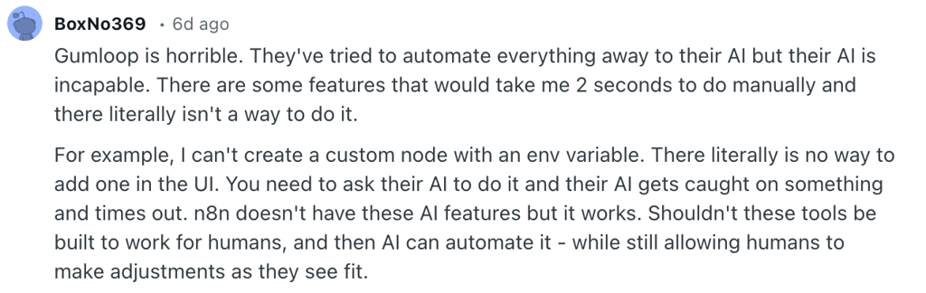 Reddit comment about n8n and Gumloop