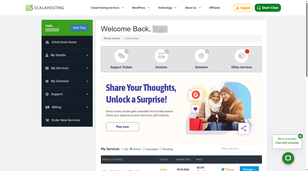 ScalaHosting’s main dashboard