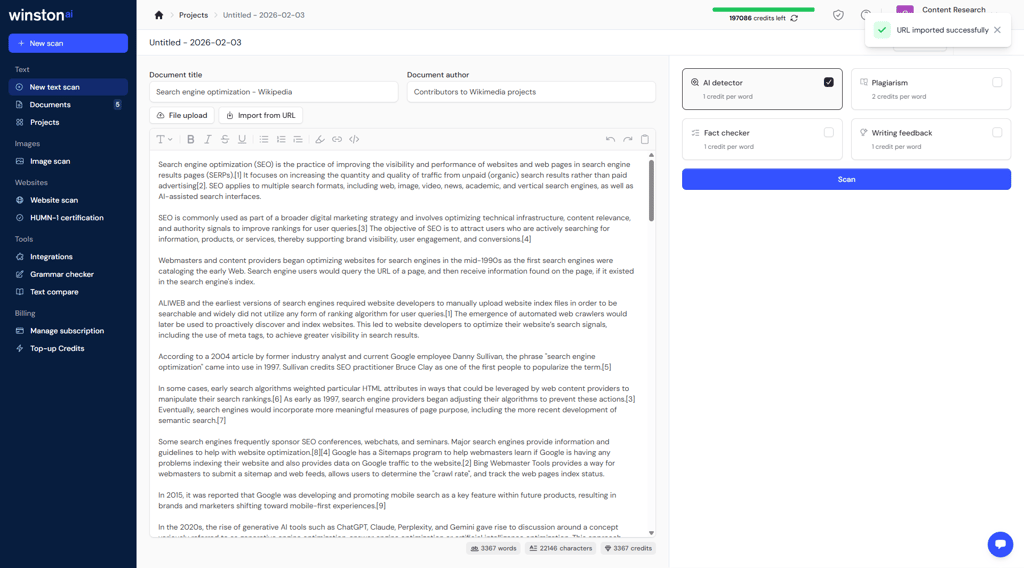 Scanning large documents with Winston AI