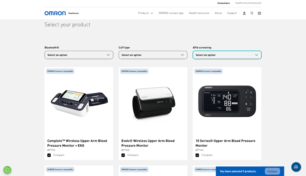 Screenshot from Omron's official site showing the blood pressure monitor product range