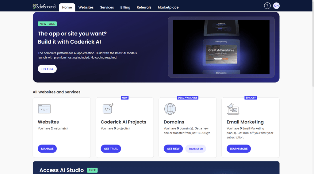 SiteGround’s Site homepage