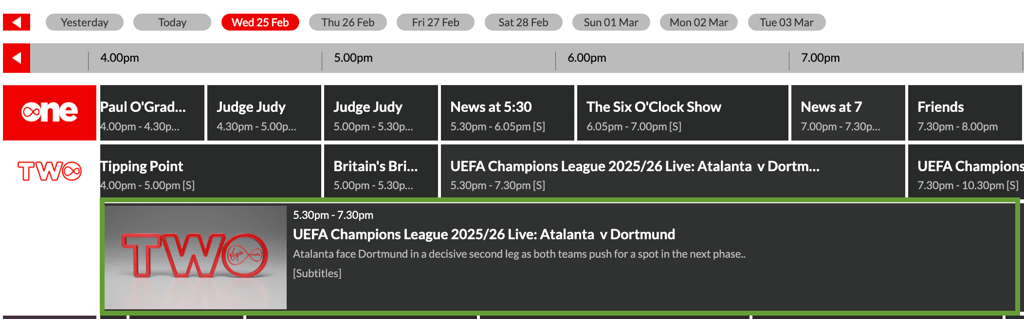 Atalanta vs Dortmund, UEFA Champions League on Virgin Media Two