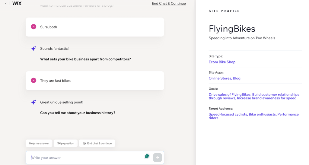 Wix chat asking what type of website I want