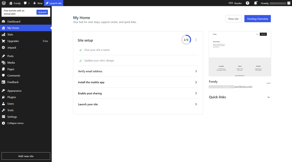 WordPress.com’s Hosting Overview dashboard