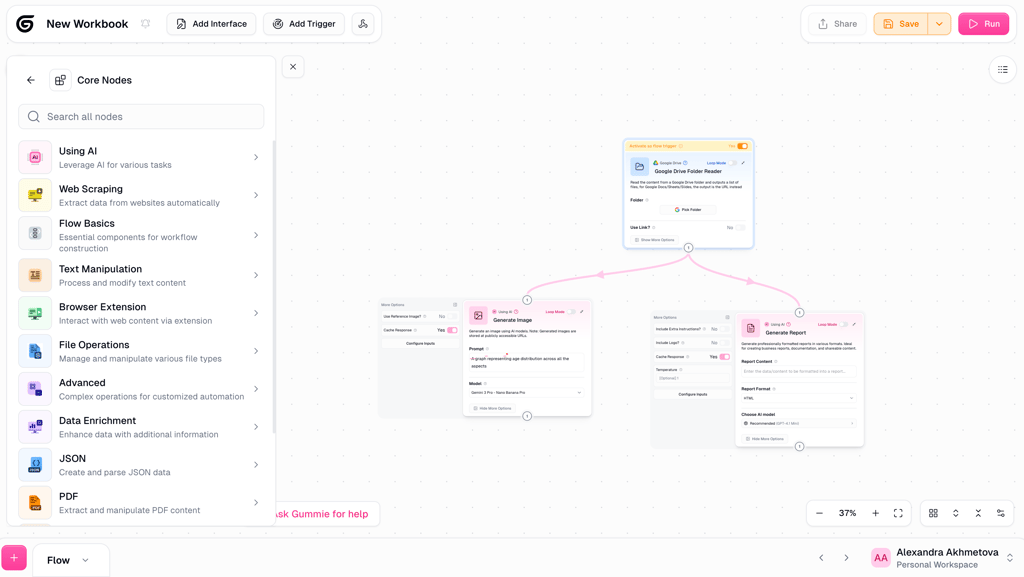 Gumloop’s workflow with one trigger and two nodes