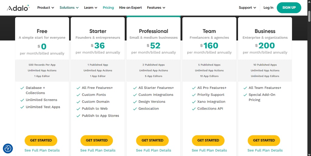 Adalo website with pricing plans