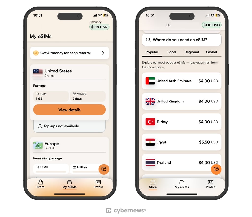 Airalo interface on iPhone