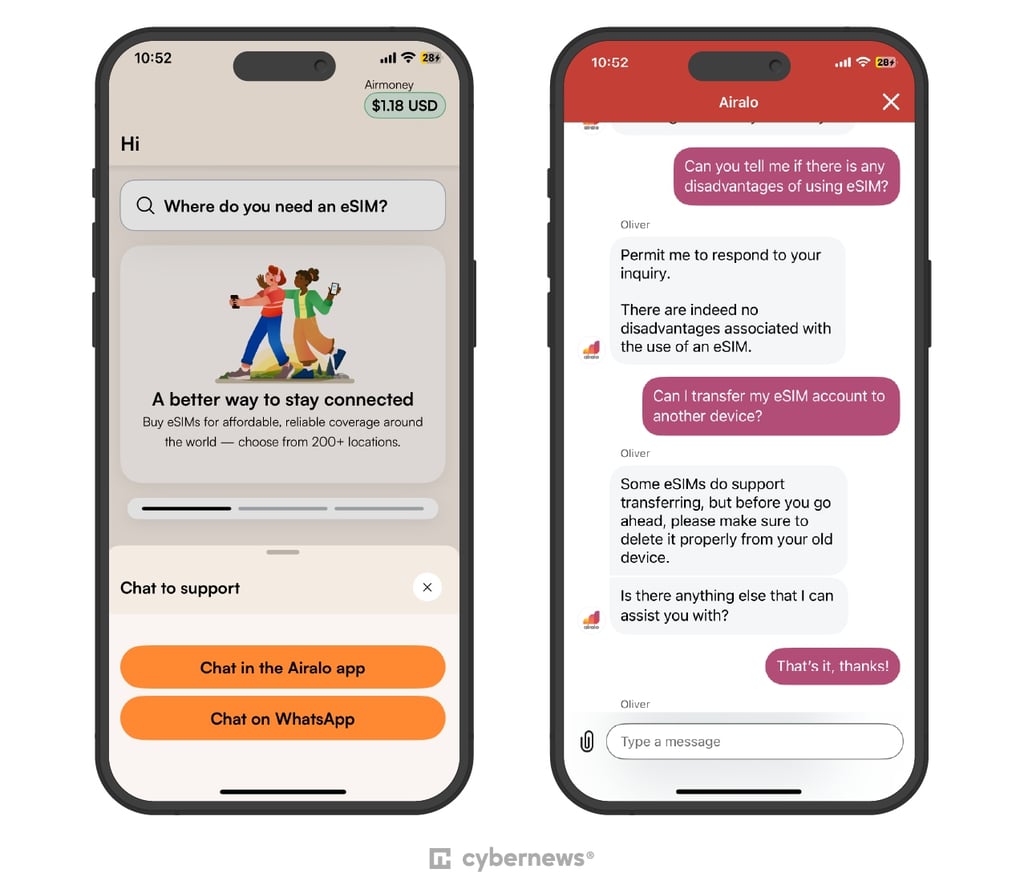 Airalo customer support chat test
