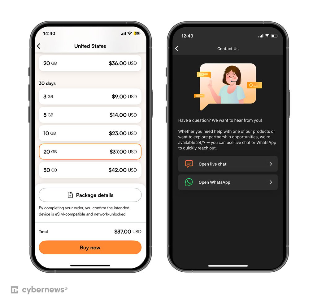 Airalo's US data plan and customer support dashboard 2