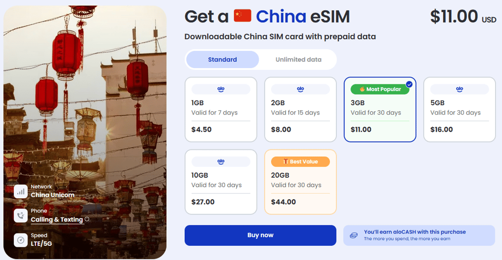 aloSIM’s China eSIM plans