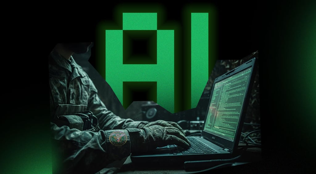 A military officer working on a laptop, letters AI on the background
