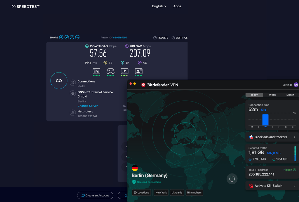 Speed test result while connected to a Berlin server bitdefender