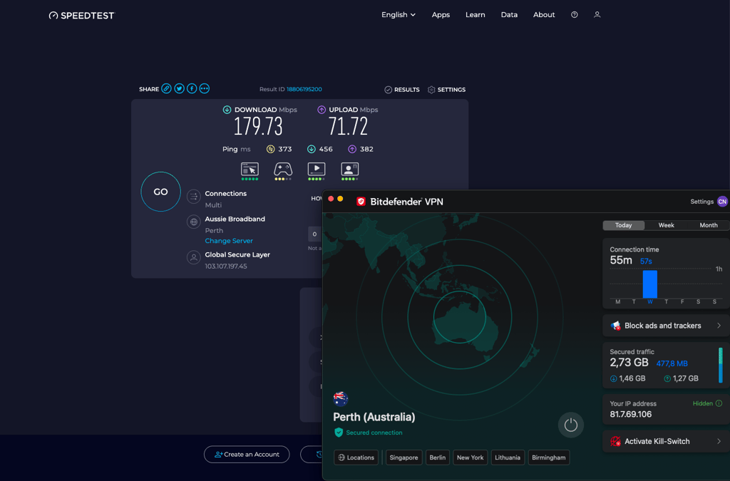 Speed test result while connected to a Perth server