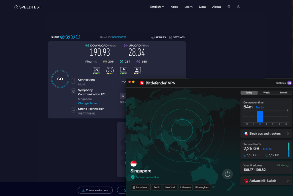 Speed test result while connected to a Singapore server