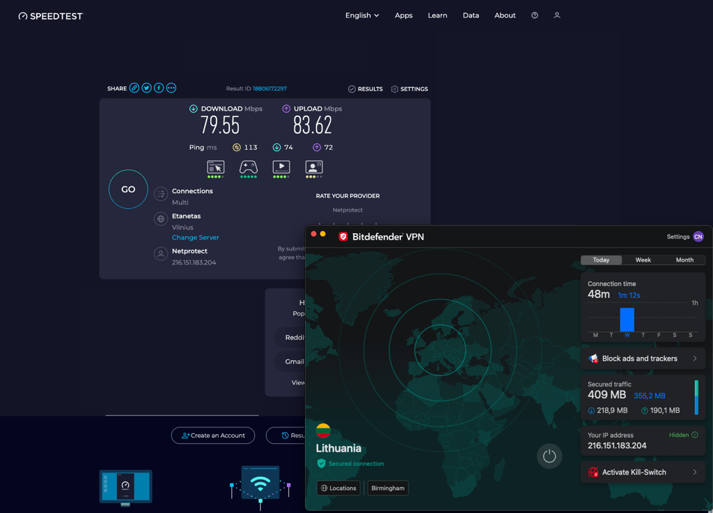 Speed test result while connected to a local server Lithuania