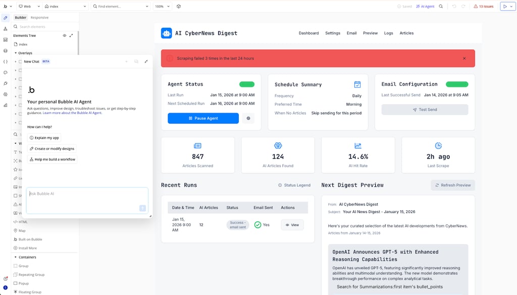Bubble AI agent builder interface
