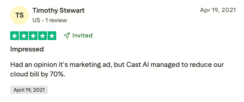 Real-world review about Cast AI on Trustpilot