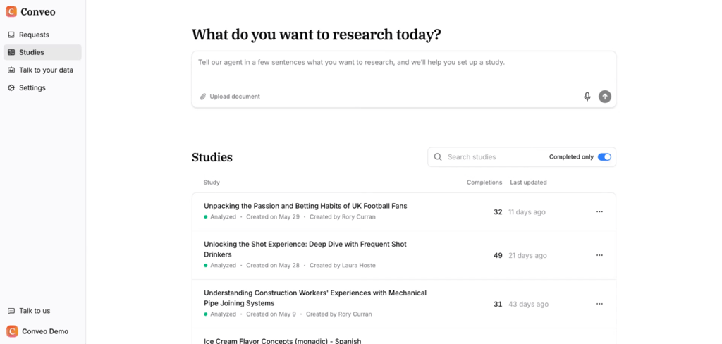 Conveo UI, showing the Studies tab